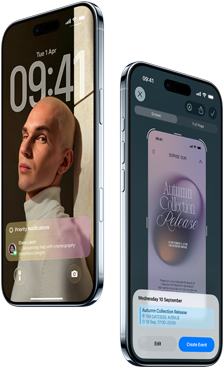 Two iPhone Air devices, front exterior, side exterior, thin profile, Lock Screen, visual intelligence feature in use